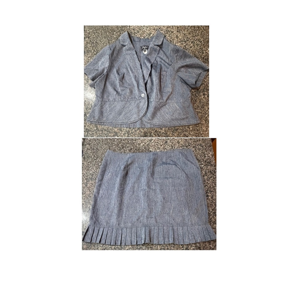 Sweet Suit Woman Blue Chambray Skirt Set 24W Blazer Pleated Ruffle Hem 2 Piece